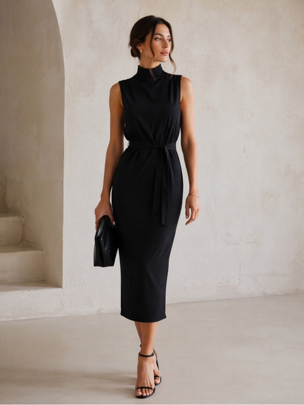 NWT $350 MISHA Balbina Black Midi Dress Size M Minimalist Quiet Luxury Old $